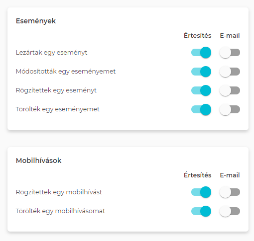 "Események és mobilhívások értesítései"