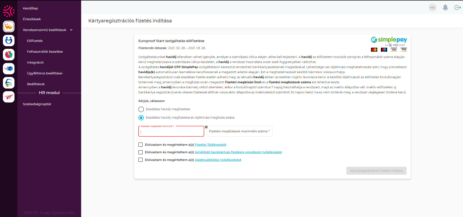 "Kártyaregisztrációs fizetés indítása"