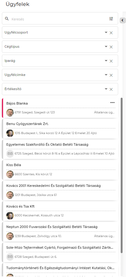"Ügyfelek szűrő és kereső"