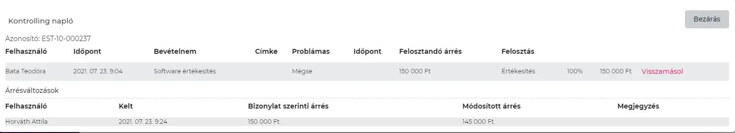 Bevételkontrolling - Europroof Start Felhasználói Segédlet
