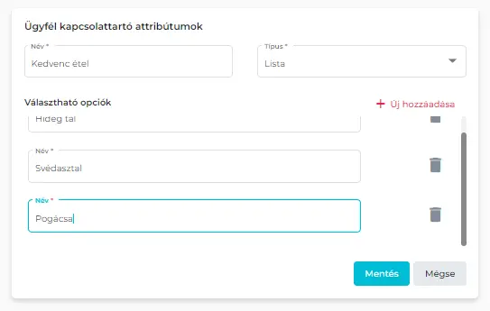 Új lista típusú attribútum felvétele