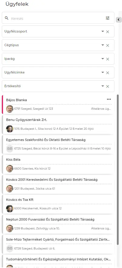 "Ügyfelek szűrő és kereső"