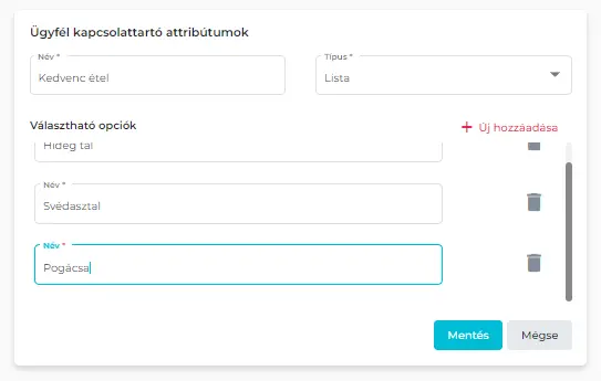 Új lista típusú attribútum felvétele 