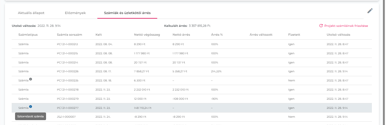 Projektek - Számlák és üzletkötői árrés számla info